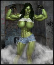 1girls 2014 3d big_breasts breasts darkhound1 female flexing green_skin huge_breasts jean_shorts marvel muscular muscular_female nipples she-hulk solo veiny_muscles