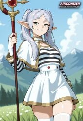 1girls ai_generated artoonizer belt big_ass bridal_gauntlets capelet earrings elf elf_ears female female_focus female_only frieren frieren_beyond_journey's_end green_eyes grey_hair jewelry light-skinned_female light_skin long_hair magic_wand narrow_waist outdoors patreon patreon_username posing shiny_skin skirt small_breasts smile solo solo_female solo_focus sousou_no_frieren standing striped_clothes striped_shirt thick thick_hips thick_thighs thighhighs twintails wand white_thighhighs