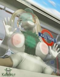 1boy 1girls 3d against_glass anthro blonde_hair breasts bus excitement female glass green_hair hair ippan_josei katzehut long_nose men midoriya_izuku my_hero_academia public public_nudity quirked_human_(my_hero_academia) size_difference sky text