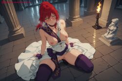 1boy 2girls ai_generated bare_shoulders black_legwear breasts candle fate_(series) fingerless_gloves fire gloves hi_res high_quality high_resolution hippolyta_(fate) indoors kiraamane long_hair medium_breasts multiple_girls nipples patreon ponytail red_hair seductive sexy sitting stone_floor thighhighs tile_floor torch uncensored watermark yellow_eyes