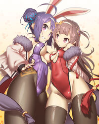 2girls alternate_costume azur_lane breasts brown_hair cleavage clothed clothing dragon_empery_(azur_lane) female female_only light-skinned_female light_skin looking_at_viewer ning_hai_(azur_lane) ning_hai_(moon_palace_rabbit)_(azur_lane) official_alternate_costume ping_hai_(azur_lane) ping_hai_(osmanthus_moon_rabbit)_(azur_lane) purple_eyes purple_hair red_eyes thighhighs tomoyuki_kotani