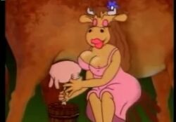 1990 1990s 1990s_(style) 1female advertisement betty_babs big_breasts bonbon-slik bonbon_slik breasts brown_body brown_hair cow_girl curvy curvy_milf danish female female_only flower_in_hair furry hair huge_breasts large_breasts long_hair mascot milf nipples original_artwork tv_screen wardrobe_malfunction