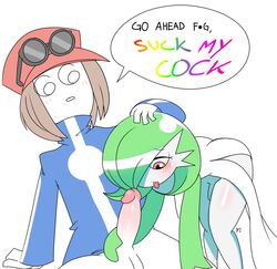 2boys blush boxf calem_(pokemon) erection gardevoir imminent_fellatio male male_gardevoir male_only penis pokemon pokemon_(species) pokemon_rse pokemon_xy red_eyes text tongue_out uncensored wide_hips yaoi