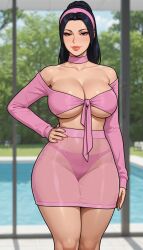 1girls ai_generated black_hair cel_shading choker cleavage eyelashes female front-tie_top hairband half-closed_eyes hand_on_hip hourglass_figure large_breasts lipstick long_hair off_shoulder one_hand_on_hip panties_visible_through_clothing pelvic_line pink_clothing ponytail poolside rgomez007 seductive_look self_upload skirt smiling_at_viewer solo_female stable_diffusion swimming_pool thick_lips thick_outline thick_thighs transparent_clothing underboob warm_lighting wide_hips