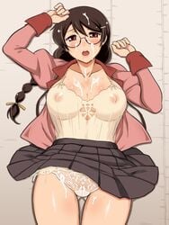 :o arms_up ass_visible_through_thighs black_skirt blush braid breasts brown_hair camisole cowboy_shot cum cum_on_body cum_on_breasts cum_on_hair cum_on_upper_body dr.p facial female from_above glasses hair_ornament hair_ribbon hairclip hanekawa_tsubasa jacket juliet_sleeves kizumonogatari long_hair long_sleeves looking_at_viewer looking_up lying mattress monogatari_(series) on_back open_clothes open_jacket open_mouth panties pantyshot pantyshot_(lying) pink_jacket puffy_sleeves ribbon round_teeth saliva school_uniform shiny shiny_skin single_braid skirt solo sweat teeth thigh_gap transparent_clothing underwear white_panties yellow_ribbon