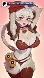 1girls 2026 afk_(series) afk_journey ai_generated arm_behind_head artist_name bell blush breasts bust chest choker electroworld female gradient gradient_background hi_res high_quality high_resolution highres jingle_bell looking_at_viewer mikola_(afk) navel neck_bell open_mouth patreon patreon_username pink_background red_eyes solo stable_diffusion tail watermark