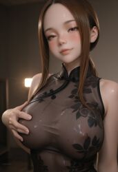 1girl ai ai_generated bare_shoulders black_dress blush breasts brown_eyes brown_hair china_dress chinese_clothes covered_nipples dress floral_print hand_on_own_chest indoors karakai_jouzu_no_takagi-san large_breasts lips long_hair looking_at_viewer nipples patreon ponytail see-through see-through_dress sleeveless sleeveless_dress smile solo takagi-san upper_body watermark