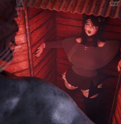 dead_by_daylight oc original_character rin_(avxbu) locker imminent_sex monster_on_female monster stupidroach blender looking_at_another scared shocked surprised demon_girl horns tail fully_clothed hiding caught black_hair thighs shocked_expression opening_door demon oni the_oni_(dbd) blue_skin straight before_sex