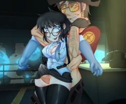1boy 1girl 1girl1boy 2d 3d 3d_background blush blushing cleavage cowboy_hat cum cum_on_clothes cum_through_clothes drooling female femmedic fingerless_gloves glasses medic_(team_fortress_2) muscular_male nervous nervous_expression nervous_face nervous_female nervous_smile nervous_sweat penis questionable_consent restrained_arms round_glasses rule_63 sniper_(team_fortress_2) straight team_fortress_2 thigh_sex thigh_sex_in_skirt thighhighs tie