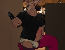 absurd_res anthro bar cervine clothed clothing deer erection hi_res male male_only mammal pants penis public shirt solo the_stag thick_penis zomacaius