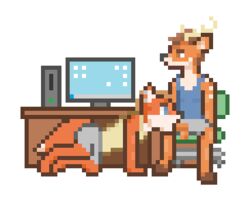 balls canine cervine clothed clothing computer deer desk digital_media_(artwork) exhibitionism fellatio fox handlebarsprites male mammal office oral penis pixel_art public sex sitting tom_cervo work yaoi