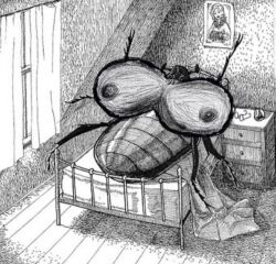 6_legs after_transformation arthropod arthropod_abdomen bed bedding big_breasts blanket blattodean blinds breasts cockroach dithering drawer eyewear female feral furniture glasses gregor_samsa huge_breasts hyper hyper_breasts implied_transformation insects lying lying_on_bed monochrome on_back on_bed painting_(object) rick_johnson solo the_metamorphosis third-party_edit unknown_editor window