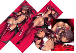 all_fours aoi_nagisa_(metalder) ass bare_legs bed breasts brown_hair clothing dakimakura dark_skin female huge_ass leotard lilith-soft long_hair looking_at_viewer lying mizuki_yukikaze naughty_face nipples official_art on_bed panties pregnant shiny shiny_skin small_breasts smile taimanin_(series) taimanin_asagi_battle_arena taimanin_yukikaze tan tanline thong tongue_out