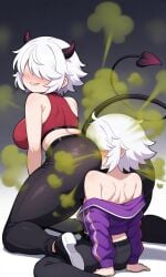 2girls ai_generated ass ass_in_face big_breasts breats demon demon_girl demon_horns demon_tail face_in_ass facefart facefarting fart fart_fetish white_hair