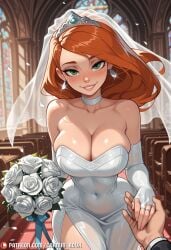 1boy ai_generated bare_shoulders blush bouquet breasts bridal_gauntlets bridal_veil bride carminroux choker church cleavage collarbone covered_navel disney dress earrings elbow_gloves female flower glint gloves green_eyes holding holding_bouquet holding_hands indoors jewelry kim_possible kimberly_ann_possible large_breasts lips long_hair looking_at_viewer orange_hair patreon_logo patreon_username petals pov pov_hands red_carpet ring rose smile solo_focus strapless strapless_dress tiara veil web_address wedding_dress wedding_ring white_choker white_dress white_flower white_gloves white_rose