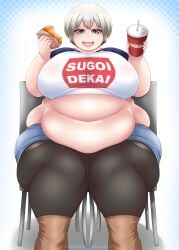 belly_overhang burger chubby_female eating_food fat_thighs gigantic_breasts obese overweight_female soda_bottle sweetdreamcoffe uzaki-chan_wa_asobitai! uzaki_hana white_hair