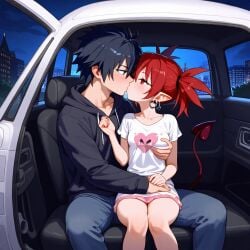 1boy1girl ai_generated black_hair couple disgaea etna fairy_tail gray_fullbuster red_eyes red_hair short_hair