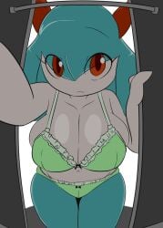 1girls 2019 anthro anthro_only big_breasts blue_hair blush bow_bra bow_panties bow_underwear bra breasts cleavage closed_mouth clothing female female_focus female_only green_bra green_panties green_underwear huge_breasts humanoid kirlia large_breasts locker looking_at_viewer navel nintendo orange_eyes pokémon_(species) pokemon pokemon_(species) pokemon_rse rui_(sugaru) runbasamba shiny_pokemon shortstack solo solo_female sugaru underwear underwear_only