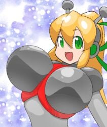 animated antennae armor armored_gloves artist_name bikini_armor blonde_hair blue_eyes breast_missiles breasts capcom daidarabo earphones female freckles grabbing_another's_breast green_eyes green_ribbons groping hair_ribbon hairband headphones huge_breasts hyper_roll hyper_roll_(marvel_vs._capcom) joints large_breasts long_hair looking_at_viewer marvel_vs._capcom mechanical_arms mega_man mega_man(classic) open_mouth ponytail radio_antenna red_armor ribbon robot robot_girl robot_joints roll_(mega_man) shoulder_armor sidelocks smile tiara