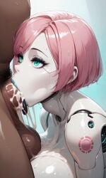 ai_generated android android_girl aqua_eyes blowjob cum cum_in_mouth cum_in_throat dark-skinned_female dark_skin fellatio gigantic_breasts gigantic_penis mechanical_arm pink_hair robot robot_girl robot_humanoid