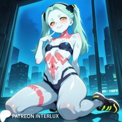 1girl 1girls ai_generated blush cyberpunk cyberpunk:_edgerunners finger_to_mouth flat_chest green_hair interlux kneeling lips on_knees patreon_username petite rebecca_(edgerunners) shiny shiny_skin small_breasts smaller_female tattoo thighs twintails