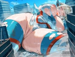artist_name breasts censored censored_pussy city defeated defeated_heroine exposed_nipples exposed_pussy female giant giantess huge_breasts huge_thighs magical_girl mosaic_censoring mosaic_censorship nikunopengin orange_eyes original pussy solo thick_thighs torn_clothes wide_hips