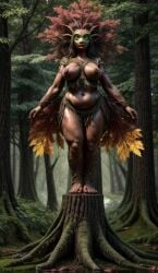 1girls ai_generated autumn_leaves belly big_breasts breasts brown_body brown_skin chubby chubby_female curvaceous curvy curvy_female curvy_figure dryad fantasy female female_only forest full_body glowing_eyes green_eyes hand_behind_head hips leaf_hair looking_at_viewer magnumdawn markings mythological_creature mythology nature nature_background nipples non-human outdoors plant pony_diffusion_xl red_hair shortstack skimpy skimpy_clothes solo solo_female stable_diffusion standing thick thick_thighs thighs tree tree_girl tree_stump trees wide_hips