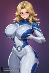 1girls ai_generated bangs belt blonde_hair blue_eyes blush bodysuit breasts cowboy_shot curvy fantastic_four grabbing_own_breast gradient gradient_background huge_breasts invisible_woman invisible_woman_(marvel_rivals) large_breasts long_hair looking_at_viewer marvel_rivals parted_bangs parted_lips purple_background skin_tight solo susan_storm sweat thick_thighs thighs unjobdespiert white_bodysuit