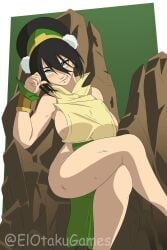 1girls aged_up avatar_the_last_airbender big_breasts blind blush blush breasts clothed_female elotakugames female female_focus female_only huge_breasts looking_at_viewer nickelodeon rock rocks sideboob sitting sitting_on_rock solo solo_female source_request toph_bei_fong