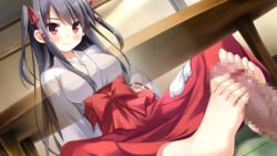 1boy 1girls artist_request barefoot blush breasts character_request dress feet female foot_fetish footjob hakama highres long_hair miko red_eyes socks_removed stealth_sex straight tabi table toes twintails under_the_table