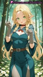 1girls ai_generated anime anime_style bangs belt belt_pouch blonde_hair blue_capelet blue_dress blush braid breasts brown_belt bust busty capelet choker cleavage copyright_name covered_navel cowboy_shot day delicious_in_dungeon dress dungeon_meshi elf elf_ears female female_focus female_only female_solo flower forehead forest gloves green_capelet green_eyes grey_pantyhose hands_up hentai hi_res high_quality high_resolution highres hood hood_down hooded_capelet leaf long_hair long_sleeves looking_at_viewer marcille_donato medium_breasts multiple_braids natsuyoru nature outdoors pantyhose parted_bangs patreon paw_pose pointed_ears pointy_ears pouch red_choker smile solo solo_female tongue tongue_out tree twin_braids voluptuous voluptuous_female white_flower