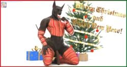 2017 3d 5_fingers anthro anubis azentaru_(r-a-s-p) balls black_skin border candy candy_cane canine christmas christmas_present christmas_tree deity english_text food front_view half-erect hi_res holidays humanoid_penis jackal kneeling licking looking_at_viewer male male_only mammal merry_christmas mostly_nude navel open_mouth penis r-a-s-p_(artist) simple_background solo text tongue tongue_out tree url white_background yellow_eyes