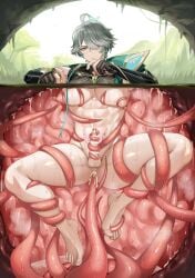 alhaitham_(genshin_impact) anal anal_sex bored_expression cum_in_ass genshin_impact gray_hair green_eyes man_boobs solo_male stuck_in_floor tentacle tentacle_on_breast tentacle_on_nipple tentacle_sex