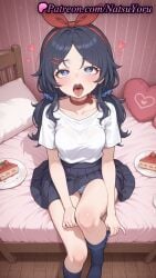 1girls ahe_gao ai_generated anime_style bangs bed black_hair black_skirt black_socks blue_eyes blue_hair blue_panties blue_socks blush bow bow_hairband bra breasts bust busty cake cake_slice choker collar collarbone crazy_mita_(miside) female female_focus female_only food hair_ornament hair_scrunchie hairband hairbow hairclip heart heart-shaped_pillow heart-shaped_pupils heart_pillow hi_res high_quality high_resolution highres indoors kneehighs kneesocks long_hair looking_at_viewer looking_up low_twintails medium_breasts miniskirt miside mita_(miside) natsuyoru no_shoes on_bed open_mouth panties pantsu pantyshot parted_bangs patreon pillow plate pleated_skirt red_choker red_hairband red_ribbon ribbon scrunchie shirt short_sleeves sitting skirt socks solo solo_female strawberry_shortcake_(food) striped striped_clothes striped_panties sweat symbol-shaped_pupils teeth thighs tongue tongue_out twintails underwear voluptuous voluptuous_female white_shirt