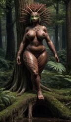 1girls ai_generated belly big_breasts bottom_heavy breasts brown_body brown_skin chubby chubby_female curvaceous curvy curvy_female curvy_figure dryad fantasy female female_only forest full_body green_eyes hand_behind_head hips leaf_hair magnumdawn markings mythological_creature mythology nature nature_background nipples non-human outdoors plant pony_diffusion_xl red_hair skimpy skimpy_clothes solo solo_female stable_diffusion standing swamp thick thick_thighs thighs tree tree_girl trees water wide_hips