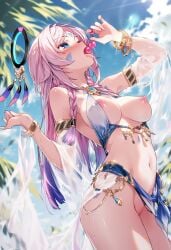 ai_generated almost_naked anal_beads_in_mouth citlali_(genshin_impact) curvy_body curvy_female curvy_figure female_focus genshin_impact naked_female nipples pink_hair raaicave