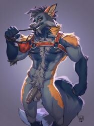 anthro ball_tuft balls beard body_hair canid canine clothing cross_fox dipstick_tail erection facial_hair fluffy fluffy_tail foreskin fox fur genitals grey_body grey_fur happy_trail harness harness_only hi_res holding_clothing holding_jockstrap holding_object holding_underwear humanoid_genitalia humanoid_penis lion21 male mammal manly markings mature_male moustache orange_body orange_fur pecs penis red_fox solo tail tail_markings true_fox tuft underwear vein veiny_penis