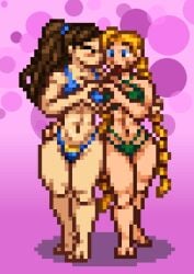 2girls abs big_breasts bikini blonde_hair blue_eyes blush brown_hair cammy_white chun-li dark_pikchu hand_on_hip lesbian_kiss muscular_female pink_background pixel_art street_fighter thick_legs thick_thighs twintails