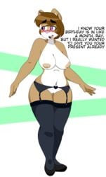 2018 anthro big_breasts big_eyebrows biped blush breasts canine clitoris clothing digital_media_(artwork) english_text female hi_res legwear lingerie mammal mcfly0crash miranda_doug nipples nude open_mouth pussy simple_background smile solo stockings text thick_thighs thigh_highs underwear voluptuous wide_hips