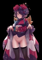 absurdres black_background blush breasts censored clothes_lift fate/grand_order fate_(series) female flower hair_flower hair_ornament hairpin highres japanese_clothes katsushika_hokusai_(fate) kimono kimono_lift looking_at_viewer no_panties obi parted_lips purple_eyes purple_hair purple_kimono pussy sash short_hair smile solo swept_bangs thighs ulrich_(tagaragakuin) wide_sleeves