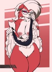 anthro areola biped bottomwear breasts brennan_d_vries canid canine canis claws clothed clothing clothing_lift digital_media_(artwork) dress eyewear female female_anthro fur generation_7_pokemon genitals glasses hi_res humanoid_genitalia humanoid_pussy looking_at_viewer lycanroc maid_apron maid_headdress maid_uniform mammal medium_breasts midnight_lycanroc narrowed_eyes nintendo nipples one_eye_closed pink_areola pink_nipples pokemon pokemon_(species) pussy red_body red_fur seductive signature simple_background skirt skirt_lift solo thick_thighs uniform white_body white_fur wolf