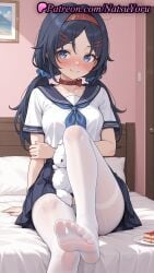 1girls ai_generated anime_style bangs bed bed_sheet black_hair black_skirt blue_choker blue_eyes blue_hair blue_neckerchief blue_sailor_collar blue_skirt blush breasts bust busty cake cake_slice choker closed_mouth collarbone crazy_mita_(miside) feet female female_focus female_only food foot_fetish foot_focus foot_out_of_frame hair_ornament hair_scrunchie hairband hairclip hi_res high_quality high_resolution highres indoors legs long_hair looking_at_viewer low_twintails medium_breasts miside mita_(miside) natsuyoru neckerchief no_shoes on_bed pale_skin panties panties_under_pantyhose pantyhose parted_bangs patreon pillow plate pleated_skirt pov_feet red_choker red_hairband sailor_collar sailor_uniform school_uniform scrunchie serafuku sheer_legwear shirt short_sleeves sitting skirt smile soles solo solo_female stuffed_animal stuffed_bunny stuffed_toy teddy_bear thighband_pantyhose thighs toes twintails underwear voluptuous voluptuous_female white_legwear white_pantyhose white_shirt