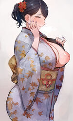 1girls akinaga_kaede areolae ass big_breasts blush breast_out breasts busty c.cu exposing_chest eyes_half_open female female_only flashing_breasts half-closed_eyes hand_on_cheek huge_ass inverted_nipples japanese_clothes large_breasts looking_at_viewer nipples solo wide_hips yukata