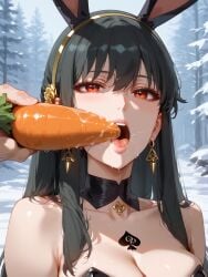 ai_generated animal_ears bangs bare_shoulders black_hair black_leotard blush breasts brokewyt carrot cleavage collarbone detached_collar earrings fake_animal_ears female food hair_ornament hairband holding holding_food holding_vegetable jewelry large_breasts leotard long_hair looking_at_viewer open_mouth outdoors playboy_bunny queen_of_spades rabbit_ears red_eyes saliva saliva_trail sexually_suggestive sidelocks snow solo_focus spade_(shape) spy_x_family strapless strapless_leotard tattoo teeth tongue tongue_out upper_body upper_teeth_only yor_briar