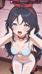 1girls ahe_gao ai_generated anime anime_style armpit armpits asian bangs bare_shoulders bed black_hair blue_bra blue_eyes blush bow bra breasts bust busty chair choker cleavage collarbone crazy_mita_(miside) female female_focus female_only female_solo from_above hair_ornament hair_ribbon hairband hairbow hairclip hands_up heart heart-shaped_pupils hentai hi_res high_quality high_resolution highres indoors long_hair looking_at_viewer looking_up low_twintails medium_breasts miside mita_(miside) natsuyoru navel on_bed open_mouth oral_invitation pantyhose parted_bangs patreon pillow red_bow red_choker red_hairband red_ribbon ribbon scrunchie sitting solo solo_female stomach striped striped_bra striped_clothes symbol-shaped_pupils teeth thighband_pantyhose tongue tongue_out twintails underwear upper_teeth_only voluptuous voluptuous_female white_pantyhose