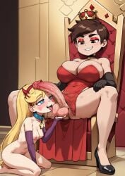 1boy ai_generated busty_boy bustyboyenjoyer choker cleavage crown dress female femboy_with_breasts gloves high_heels huge_breasts male_with_breasts marco_diaz penis red_dress star_butterfly star_vs_the_forces_of_evil testicle_licking testicle_worship