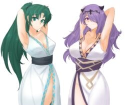 2girls breasts camilla_(fire_emblem) cleavage fire_emblem fire_emblem:_the_blazing_blade fire_emblem_fates green_eyes green_hair hands_behind_head kimono long_hair lyn_(fire_emblem) lyndis_(fire_emblem) ponytail purple_eyes purple_hair thighs transparent_background tridisart