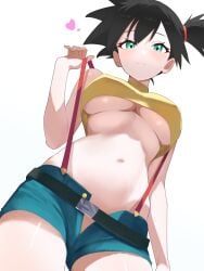 aqua_eyes belt black_belt black_hair blue_shorts breasts cleavage covered_erect_nipples creatures_(company) denim denim_shorts female from_below game_freak heart highres kasumi_(pokemon) medium_breasts navel nintendo open_fly pokemon pokemon:_the_electric_tale_of_pikachu pokemon_(anime) pokemon_(classic_anime) ryokuchabushi short_shorts shorts side_ponytail solo stomach suspender_shorts suspenders suspenders_pull underboob