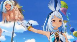 1boy 2girls ;d ai-assisted ai_generated animal_ears balloon bennett_(genshin_impact) blue_hair blue_sky blush breasts closed_mouth clothing cloud cloudy_sky dark-skinned_female dark_skin day doggy_style female fingerless_gloves genshin_impact gloves hairband happy_sex hoyoverse large_breasts long_hair medium_hair mualani_(genshin_impact) multicolored_hair multiple_girls multiple_views nipples nude one_eye_closed open_mouth outdoors outstretched_arm pink_hair red_eyes scar screenshot_edit sex sex_from_behind shaddai short_hair sky small_breasts smile straight white_gloves white_hair