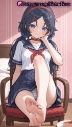 1girls ai_generated anime_style bangs bare_legs barefoot bed bikini_bottom black_hair blouse blue_eyes blue_hair blue_panties blue_sailor_collar blue_skirt blush breasts bust busty cake cake_slice chair choker closed_mouth collar collarbone crazy_mita_(miside) crop_top facial_mark feet female_focus female_only food foot_fetish foot_focus foot_out_of_frame hair_ornament hair_scrunchie hairband hairclip hand_on_own_cheek hand_on_own_face heart hi_res high_quality high_resolution highres indoors knee_up leg_up legs lipstick long_hair looking_at_viewer low_twintails medium_breasts miside mita_(miside) natsuyoru neckerchief on_chair pale_skin panties pantsu pantyshot parted_bangs patreon pillow plate pleated_skirt pov_feet presenting_foot red_hairband red_neckerchief sailor_collar sailor_uniform school_uniform scrunchie serafuku shirt short_sleeves sitting skirt smile soles solo solo_female striped striped_clothes striped_panties thighs toes twintails underwear voluptuous voluptuous_female white_shirt wooden_floor